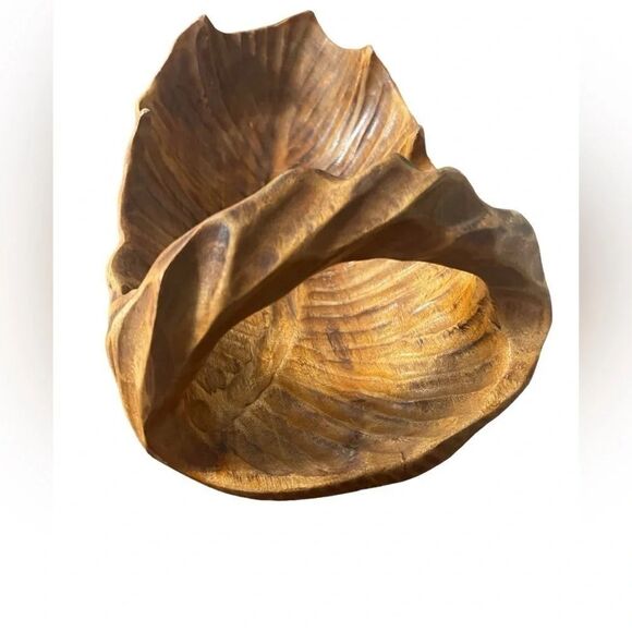 Handmade vintage wood leaf large bowl with handle - Picture 2 of 11
